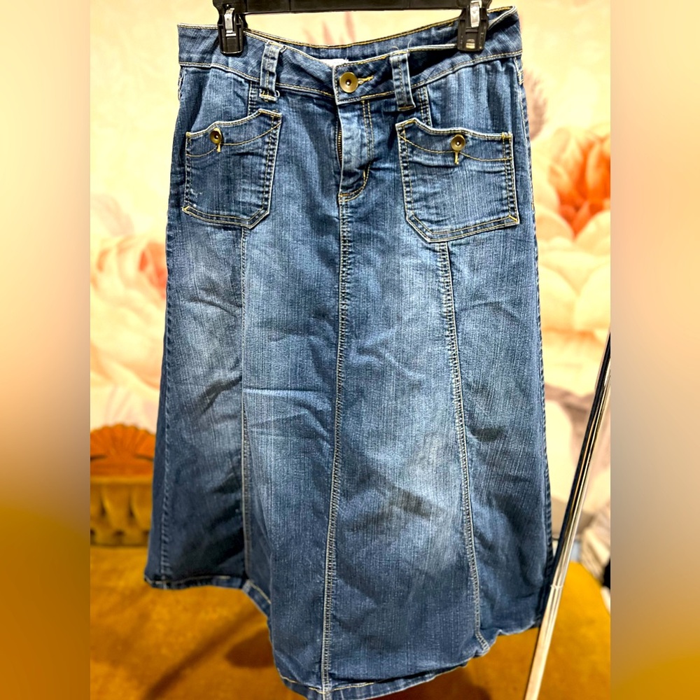 Slit Front Midi Denim Skirt with Pockets, Size 10